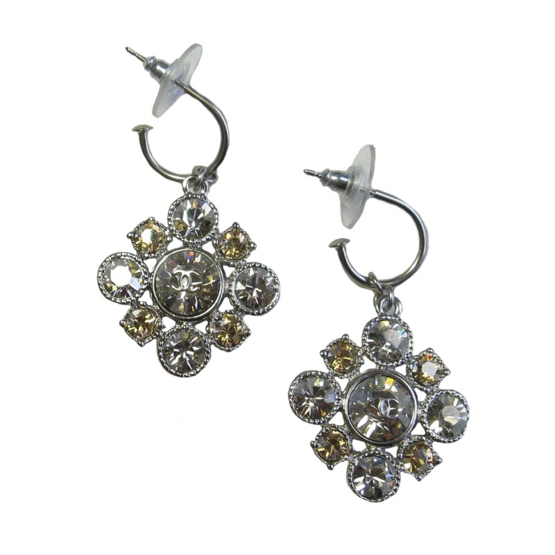 Silver Metal and Strass CC Drop Earrings, 2018