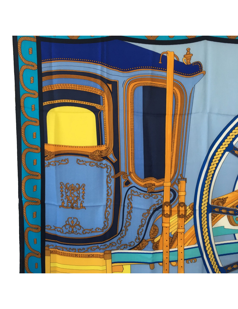 Châle HERMES bleu et jaune "balade en berline"