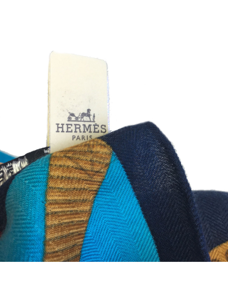 HERMES shawl 'balade en berline' in blue and yellow cashmere and silk