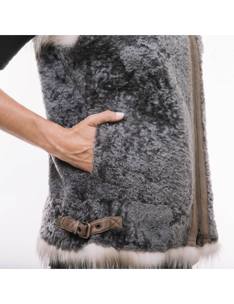 BRUNELLO CUCINELLI sleeveless jack in gray sheepskin and fox fur 44IT/40FR