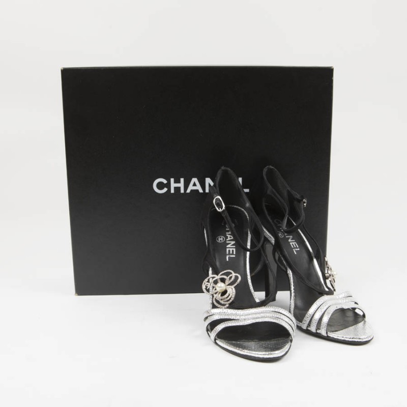 Chanel high sandals in silver python and black satin leather. Size . -  VALOIS VINTAGE PARIS