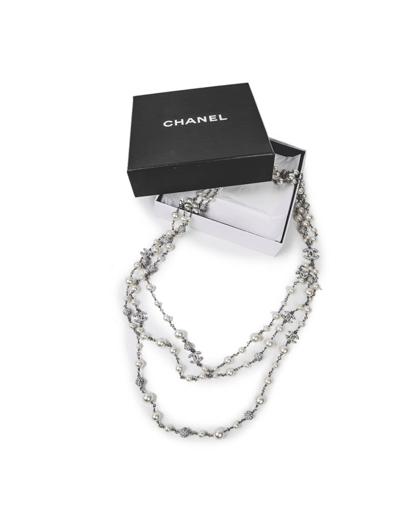 CHANEL triple raw necklace with beads, CC and balls