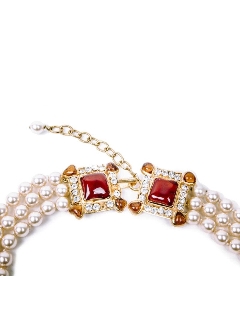 MARGUERITE DE VALOIS byzantin triple-row necklace in pearls and molten glass
