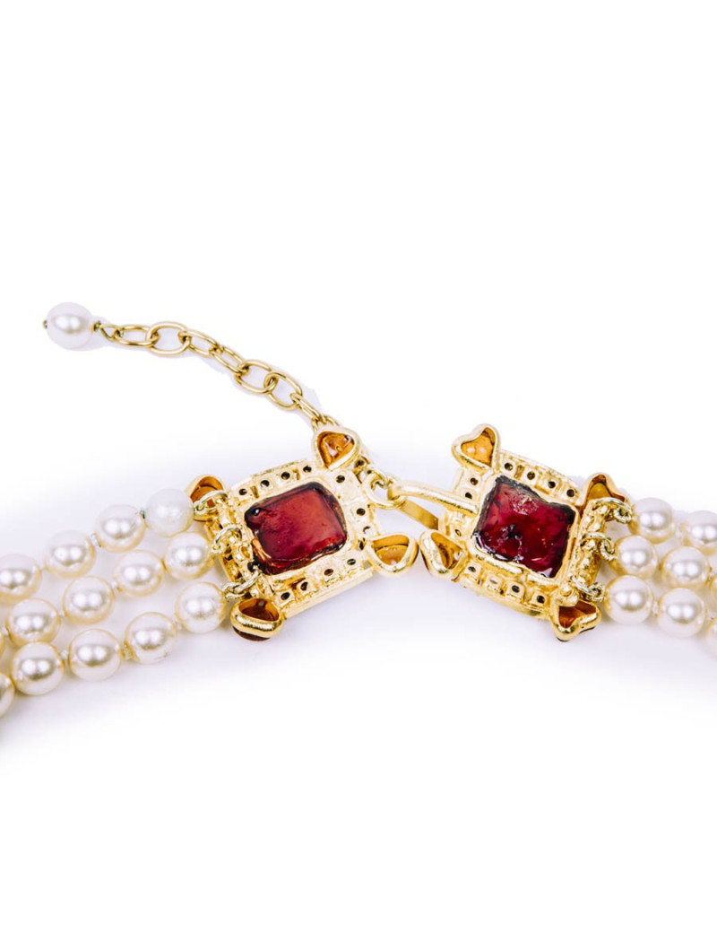 Collier Couture MARGUERITE DE VALOIS byzantin perles nacrées et pâte de verre topaze