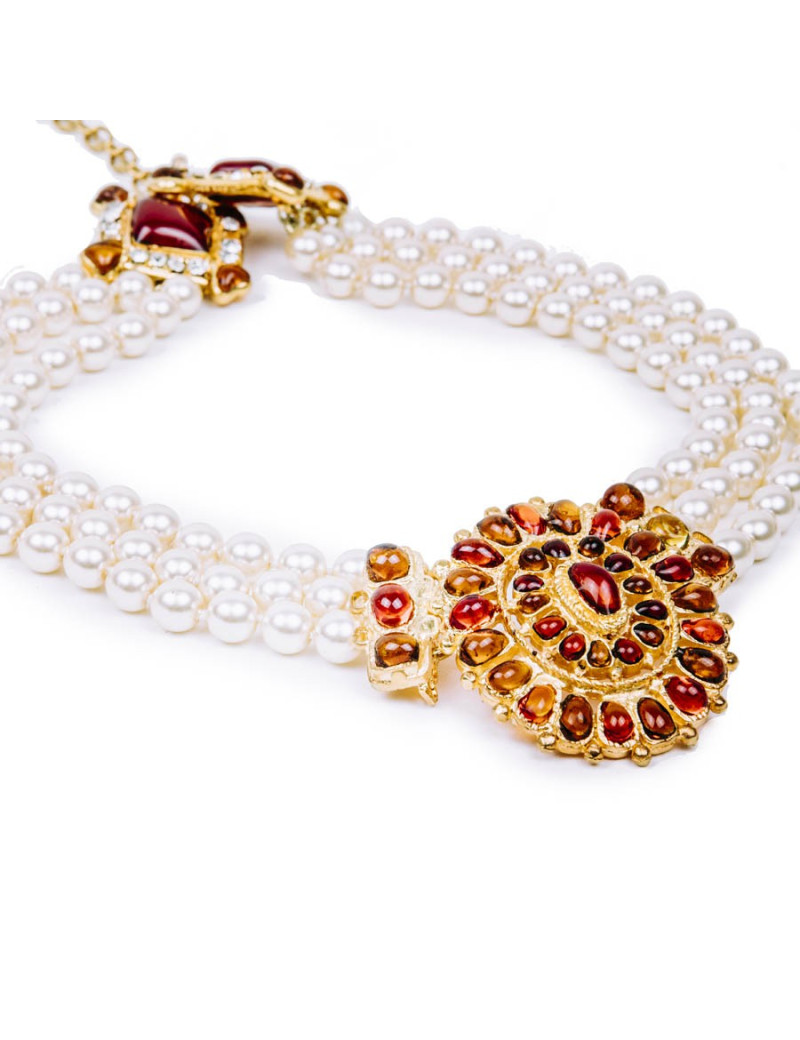 MARGUERITE DE VALOIS byzantin triple-row necklace in pearls and molten glass