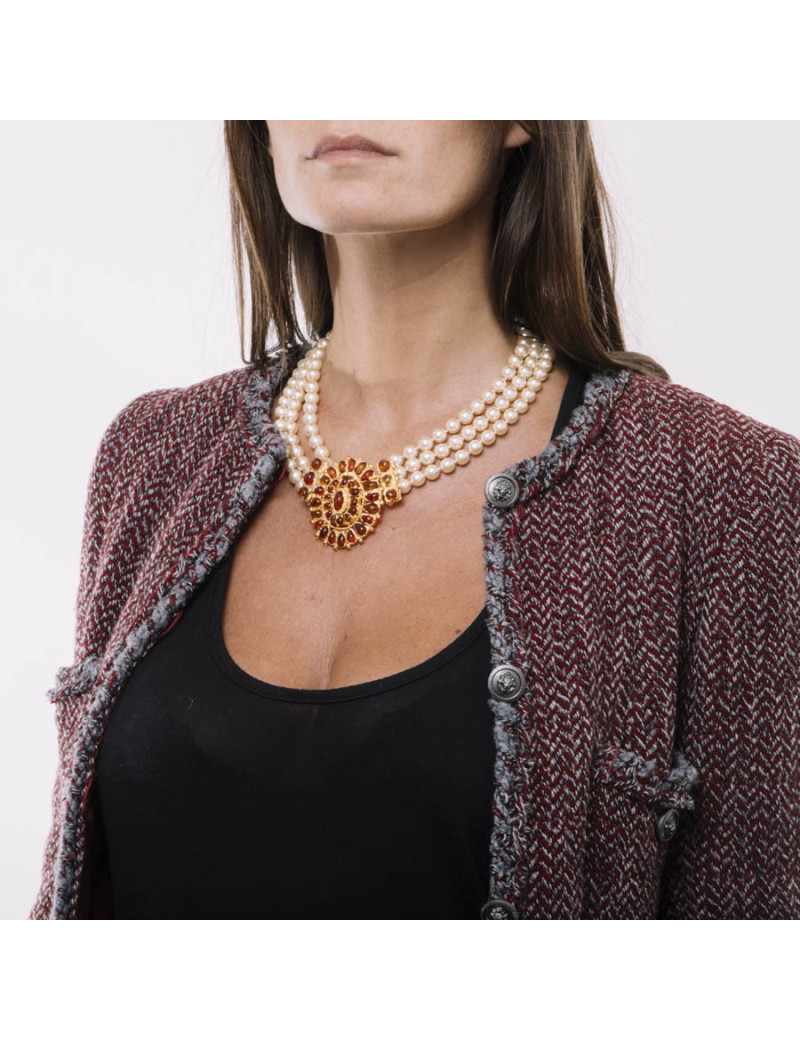 Collier Couture MARGUERITE DE VALOIS byzantin perles nacrées et pâte de verre topaze