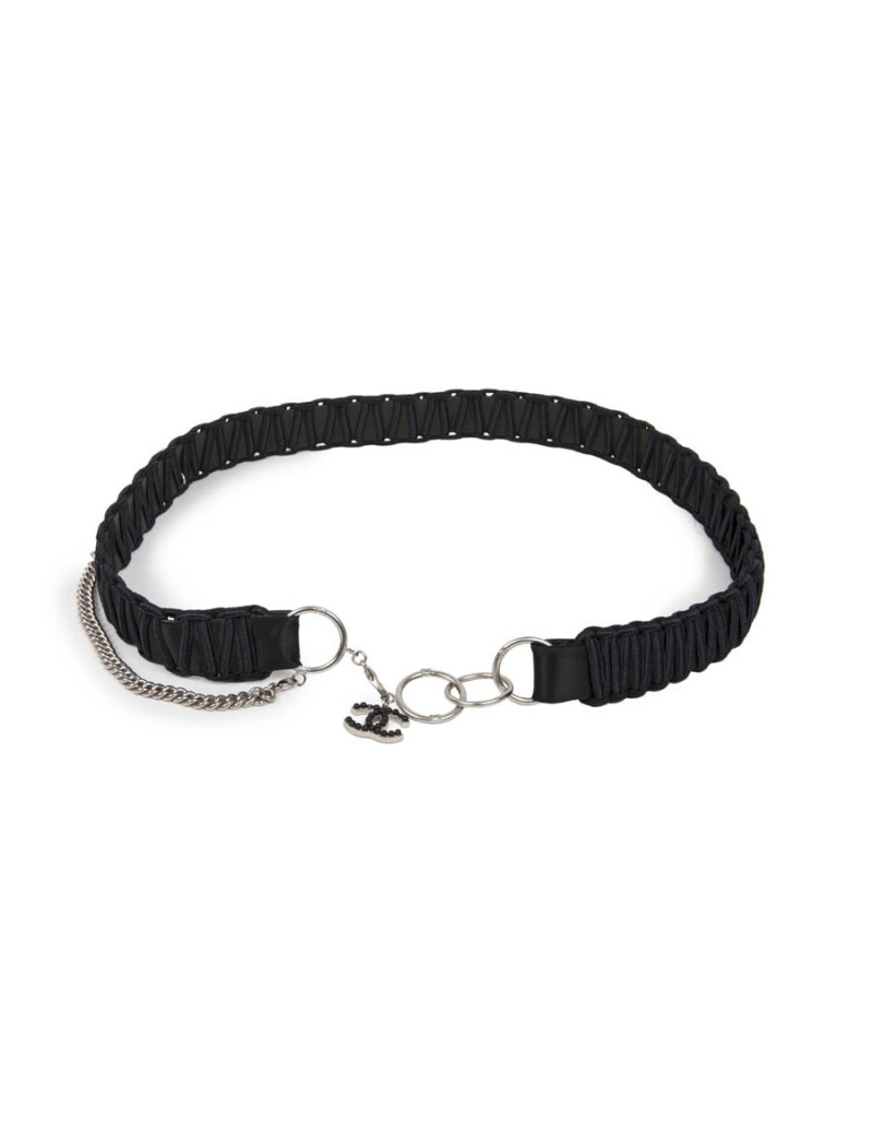 Ceinture CHANEL en en satin  et chaine argent perles noirs