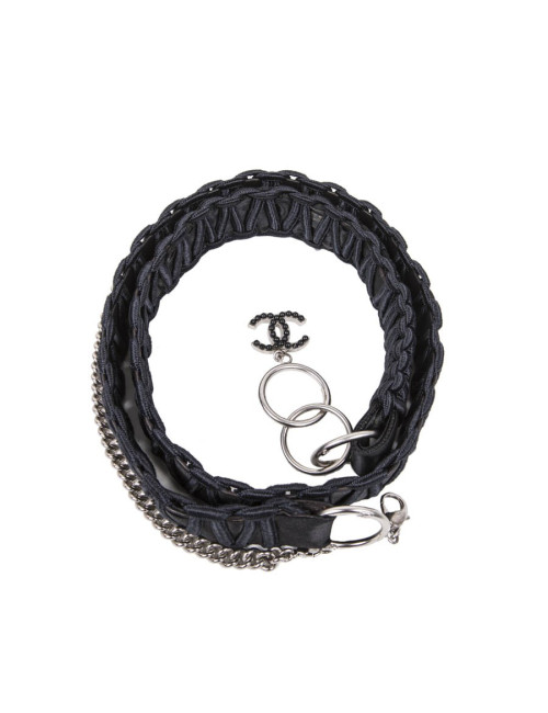 Ceinture CHANEL en en satin  et chaine argent perles noires