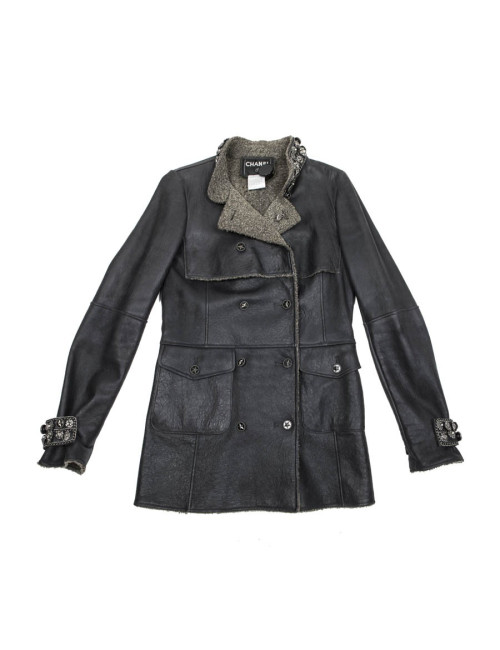 Veste CHANEL T 34 en peau retournée gris éléphant