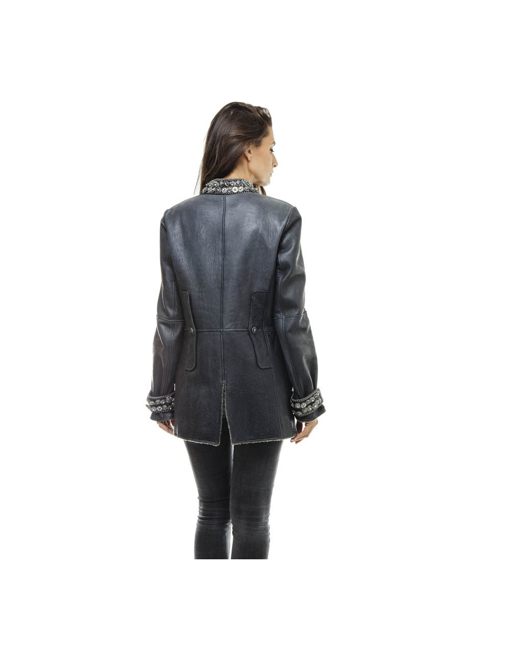 Veste CHANEL T 34 en peau retournée gris éléphant