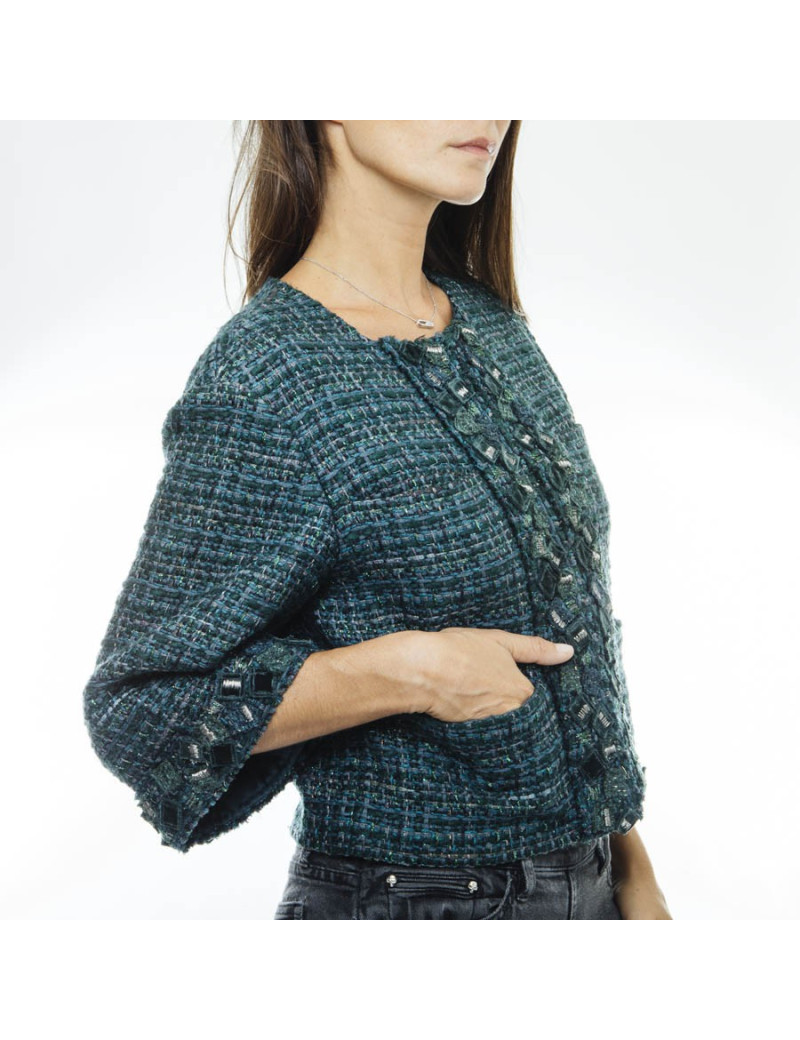 CHANELjacket in green tweed size 36EU