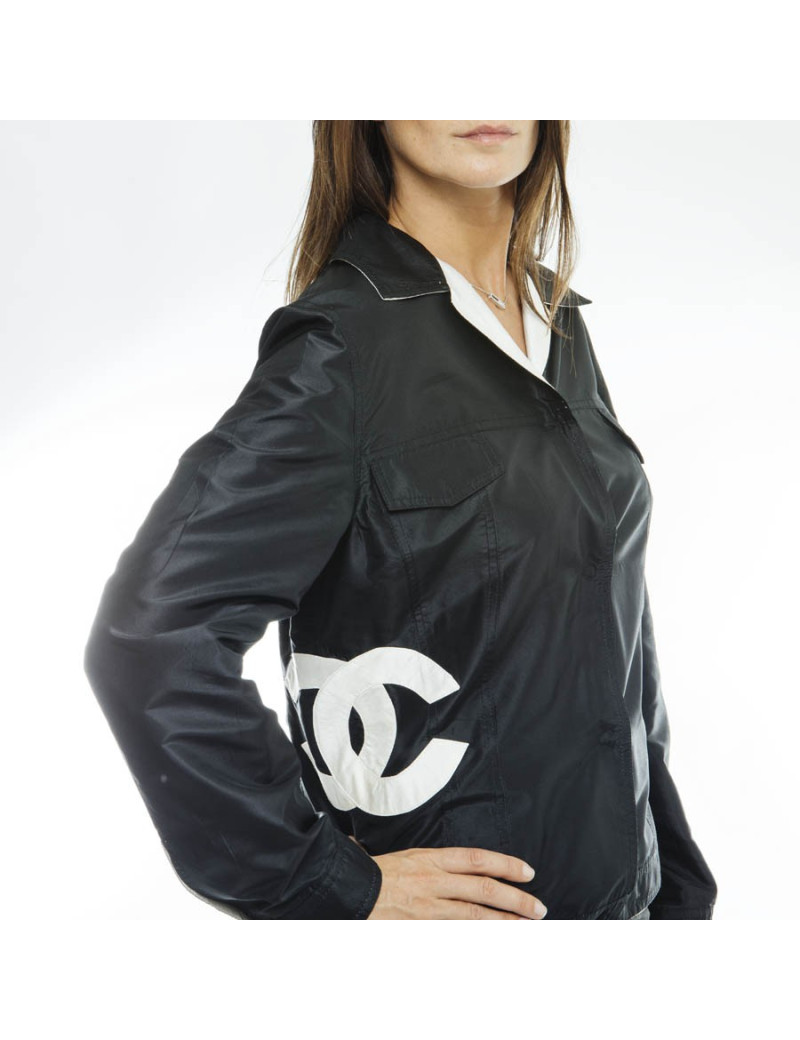 CHANEL reversible jacket in black and ivory shantung silk size 38FR