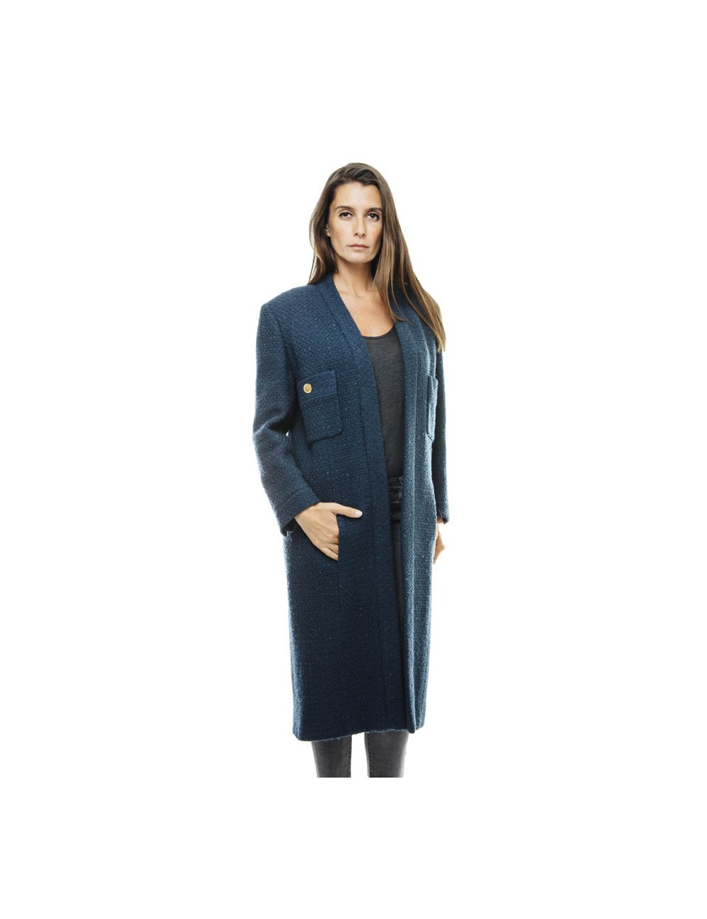 CHANEL straight cut coat in blue wool size 36 