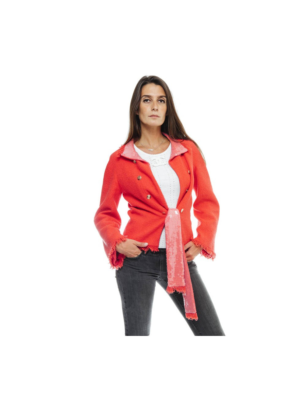 CHANEL 'Paris Los Angeles' Jacket in coral tweed and neck in sequins