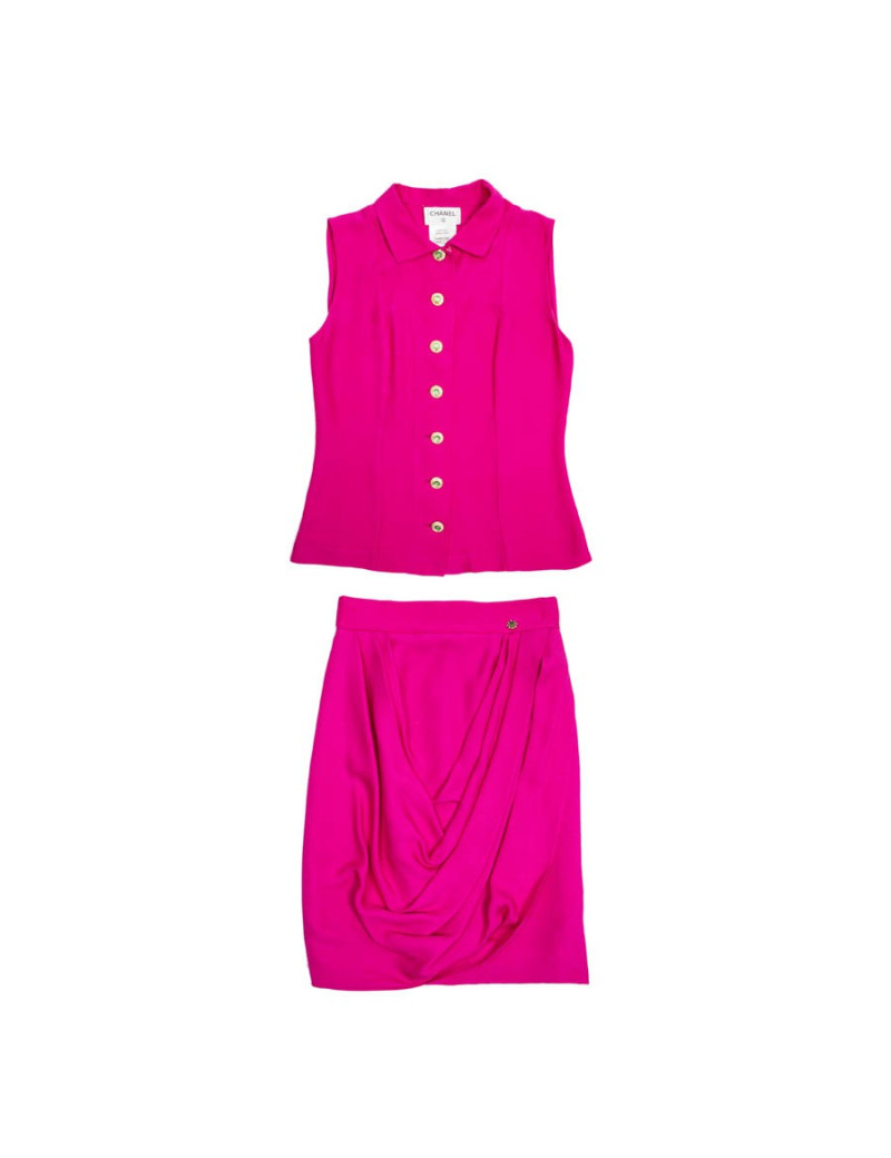 CHANEL blouse and skirt fuchsia silk size 36FR