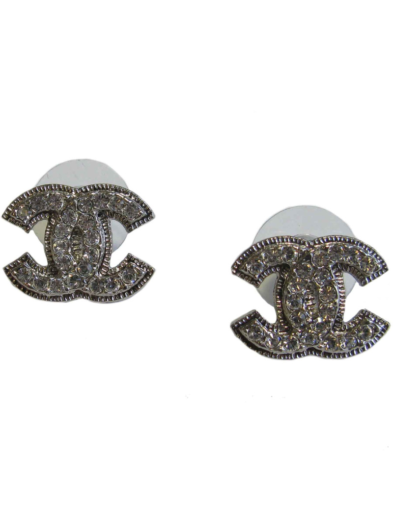 CHANEL CC Studs earrings in silver plated metal and rhinestones