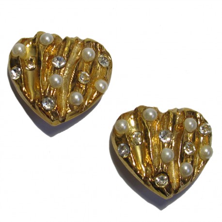 CHRISTIAN LACROIX heart clip-on earrings in gilded metal, rhinestones and pearls