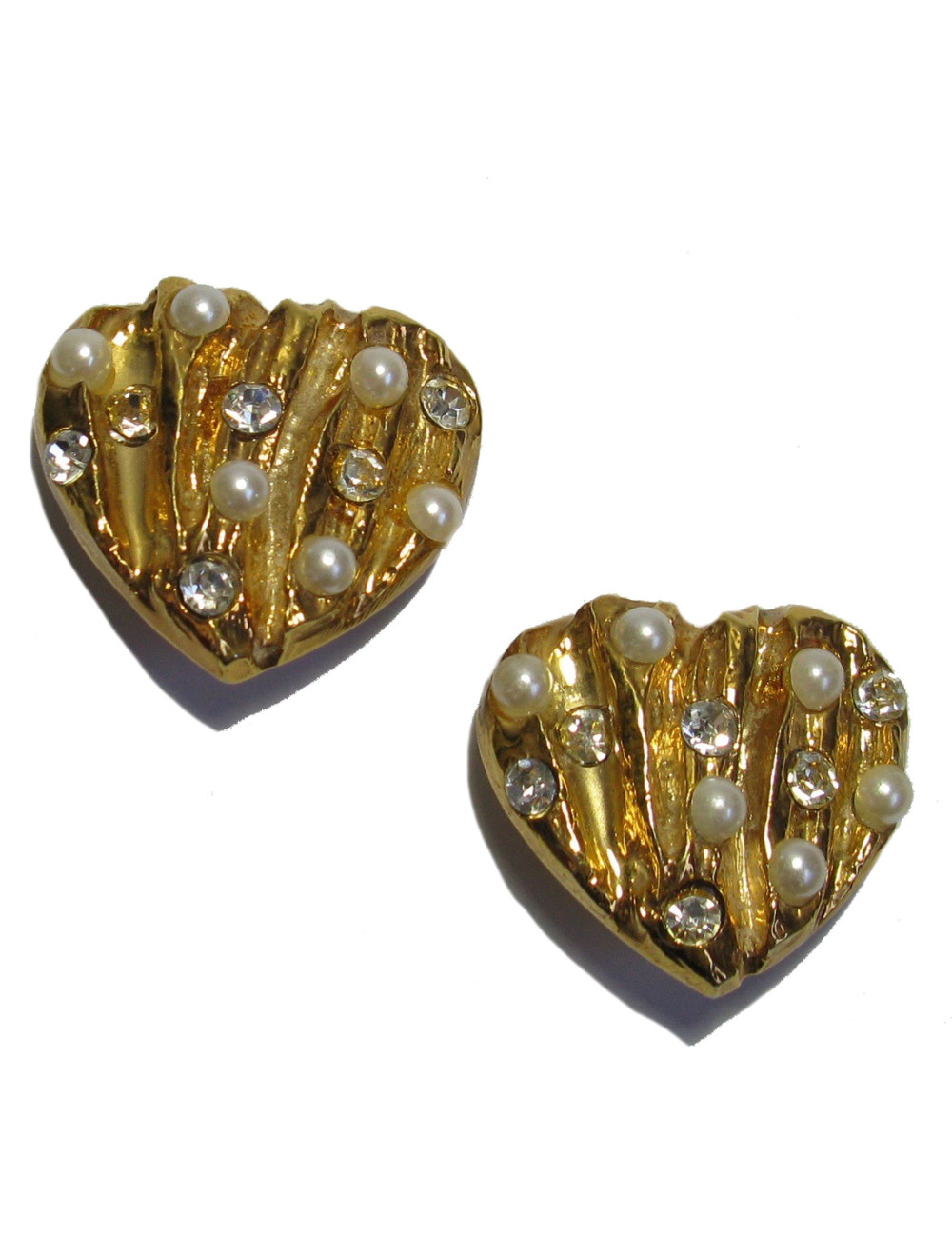 CHRISTIAN LACROIX  heart clip-on earrings in gilded metal, rhinestones and pearls