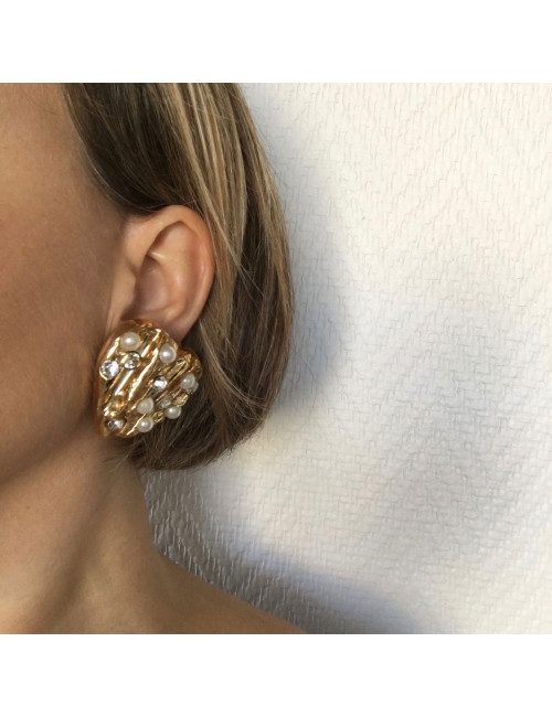 CHRISTIAN LACROIX  heart clip-on earrings in gilded metal, rhinestones and pearls