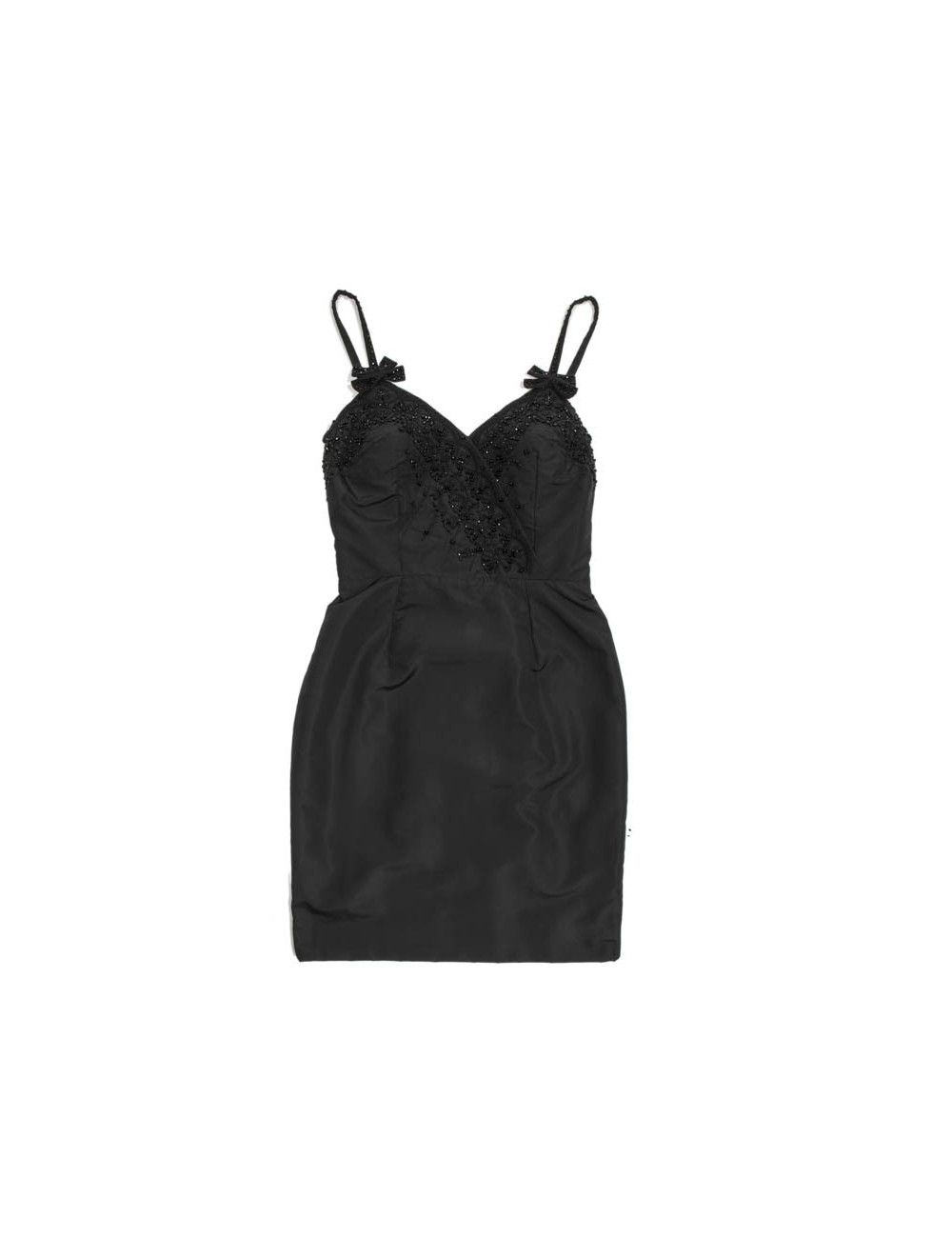 CHRISTIAN DIOR T 42 FR cocktail dress in black finely ribbed silk and black pearls