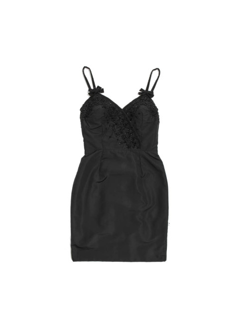 CHRISTIAN DIOR T 42 FR cocktail dress in black finely ribbed silk and black pearls