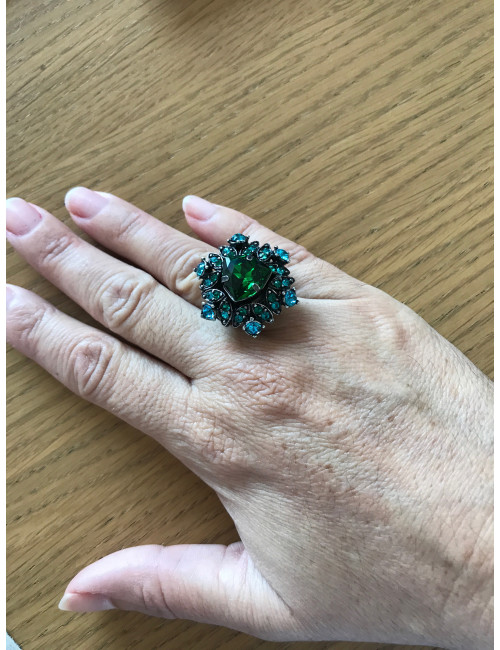 Bague LANVIN T 55 en métal argenté et strass bleu et vert