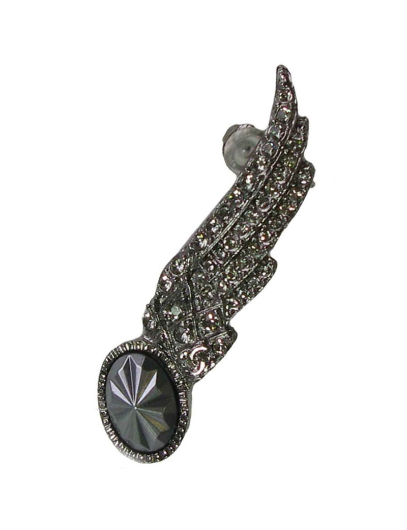 CHANEL boucle d'oreille clip aile en métal argenté vieilli et strass