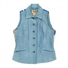 HERMES 40FR sleeveless jacket in sky blue suede and Hermès Cup Palm Beach printed silk back