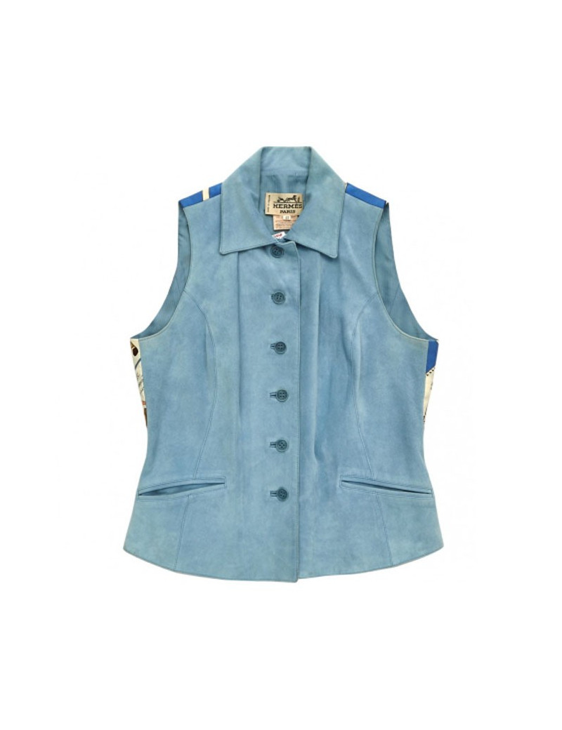 Gilet HERMES T 40 en daim bleu et foulard "Hermès Cup Palm Beach"