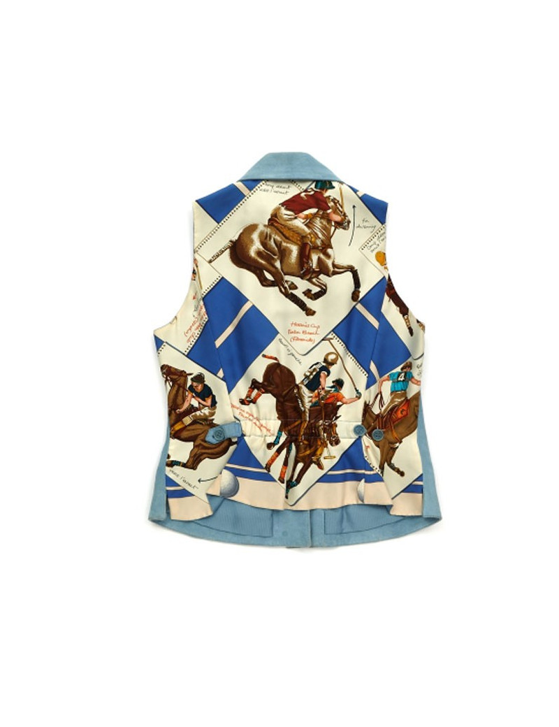 Gilet HERMES T 40 en daim bleu et foulard "Hermès Cup Palm Beach"