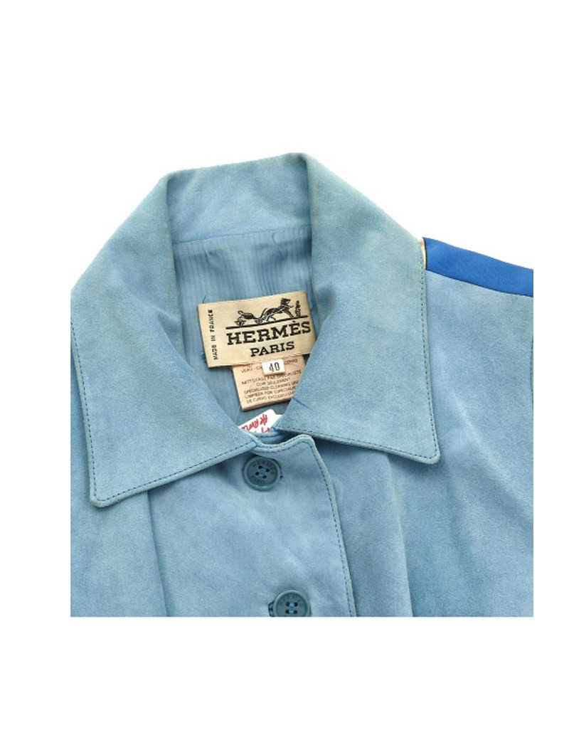 HERMES 40FR sleeveless jacket in sky blue suede and Hermès Cup Palm Beach printed silk back