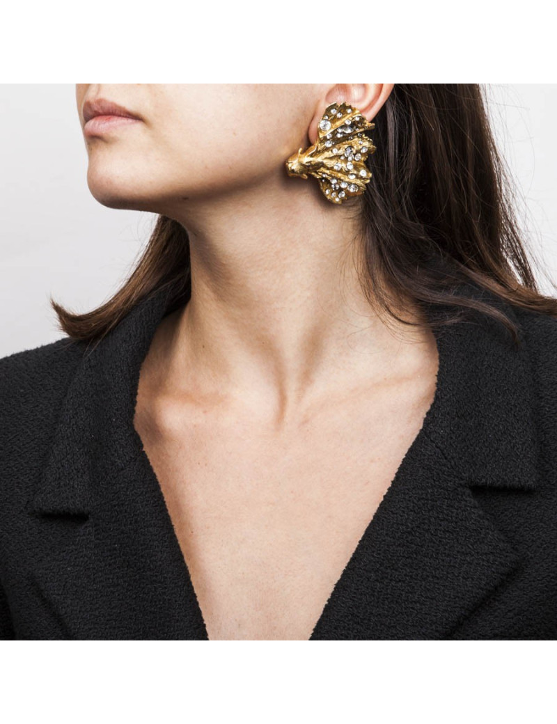CHRISTIAN LACROIX  Vintage draped shape clip-on earrings in gilded metal and Swarovski brilliants  