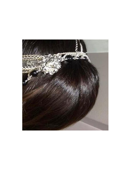 Serre-tête CHANEL "Paris-Venise" multi chaîne en argentées et dorées, perles noires et tête de lion