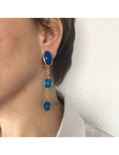 Boucles d'oreille clips MARGUERITE de VALOIS  en pâte de verre bleue 2
