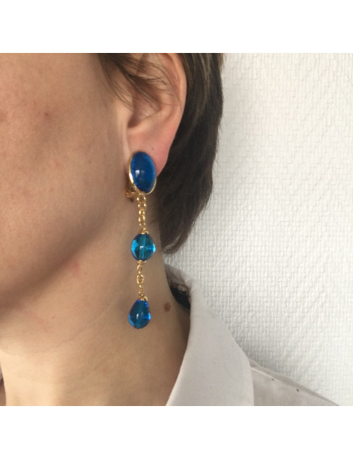Boucles d'oreille clips MARGUERITE de VALOIS  en pâte de verre bleue