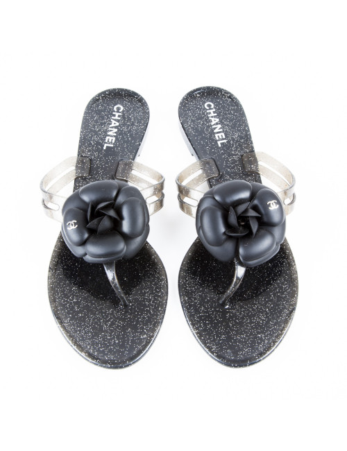 CHANEL Sandals in Black and Gray Plastic with Glitter Inclusions Size 40EU