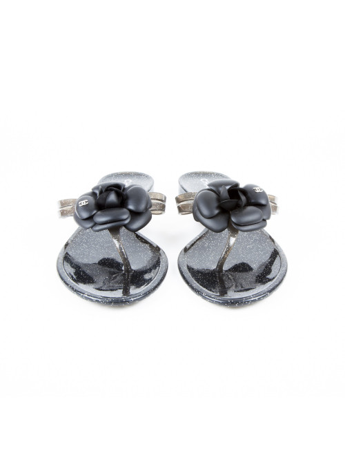 CHANEL Sandals in Black and Gray Plastic with Glitter Inclusions Size 40EU
