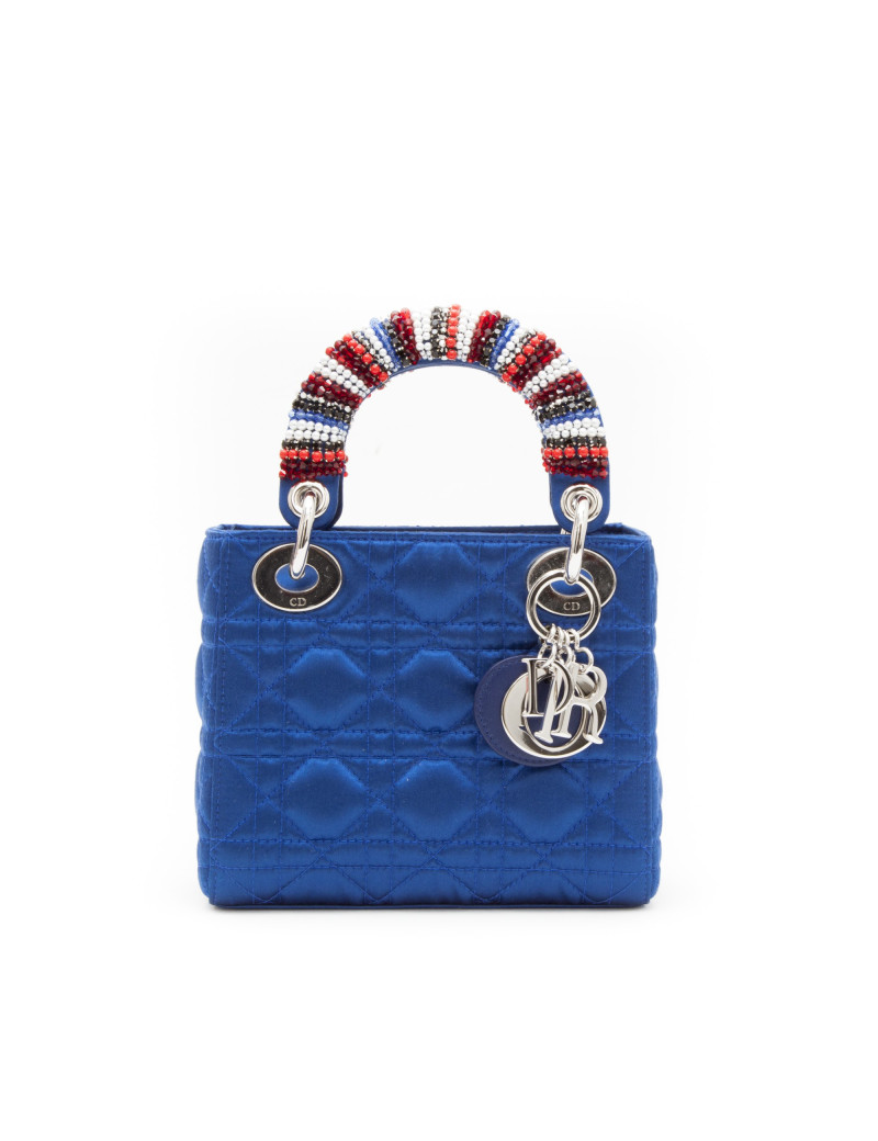 Sac Lady D CHRISTIAN DIOR bleu et perles sur les anses