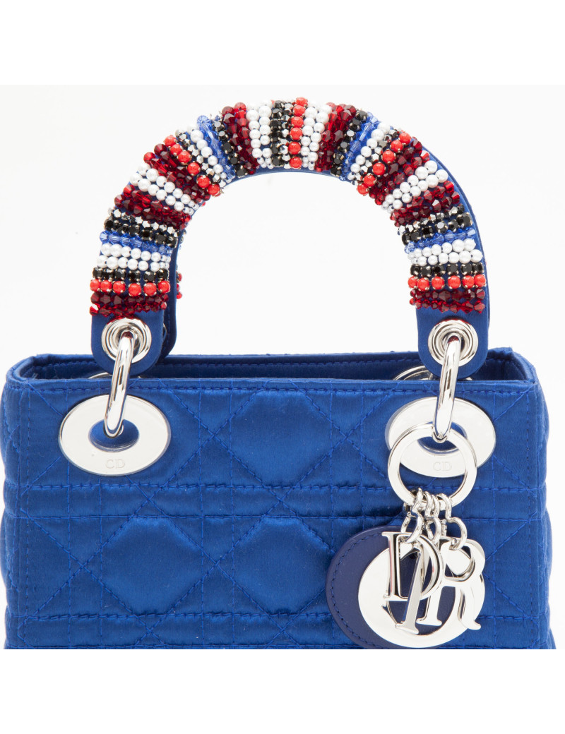 Sac Lady D CHRISTIAN DIOR bleu et perles sur les anses