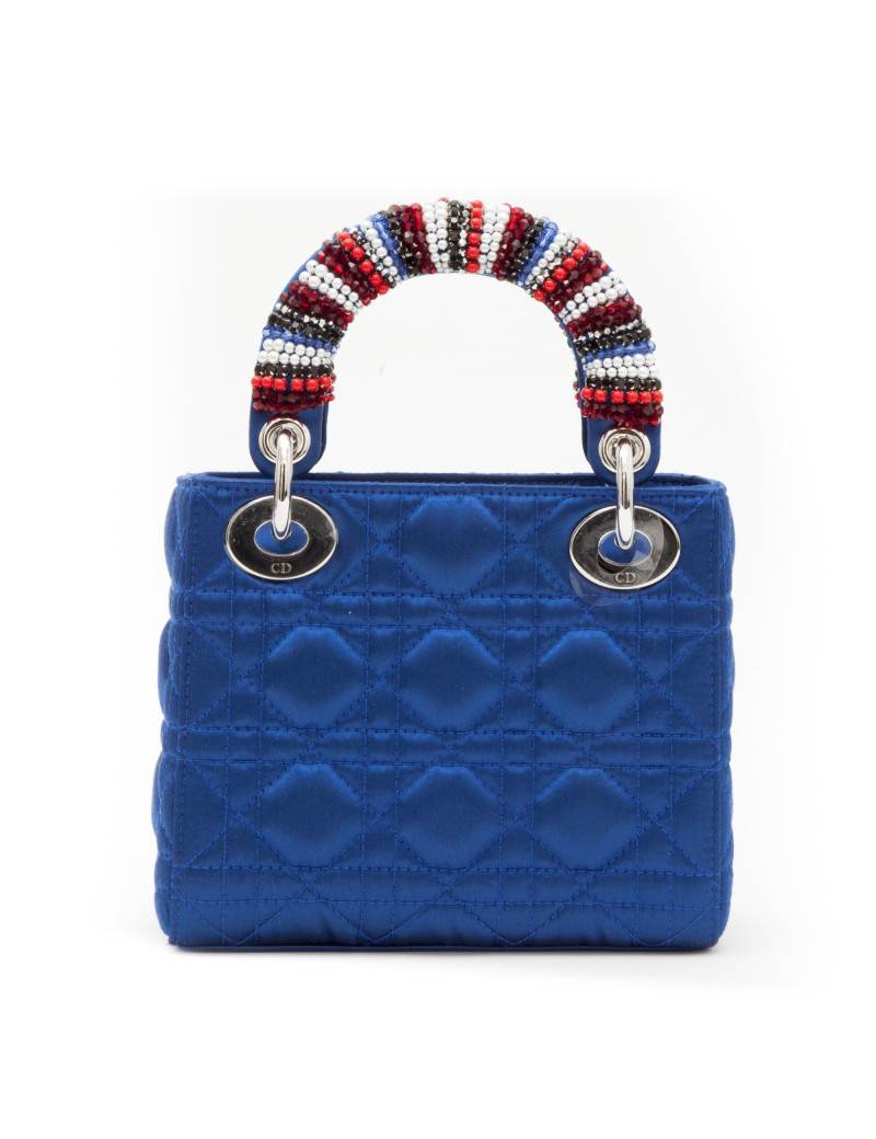 CHRISTIAN DIOR Lady D in electric blue satin silk with pearls on the handles