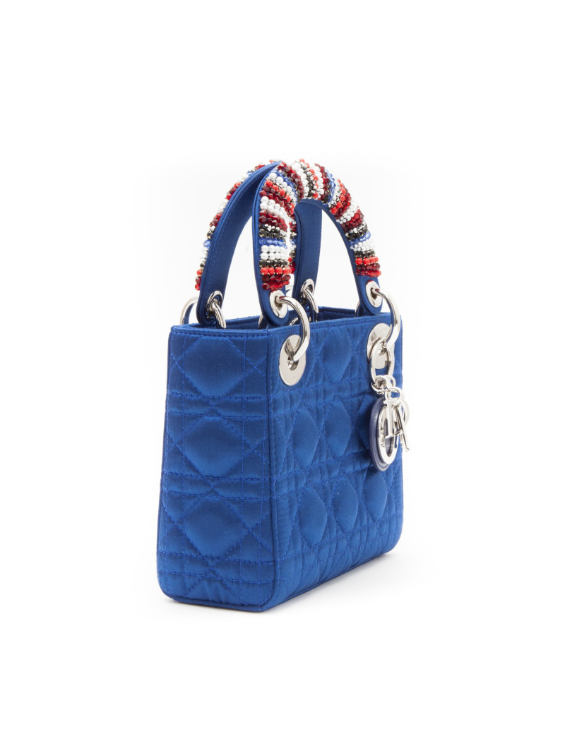 CHRISTIAN DIOR Lady D in electric blue satin silk with pearls on the handles