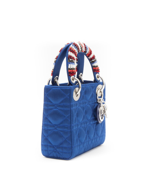 CHRISTIAN DIOR Lady D in electric blue satin silk with pearls on the handles