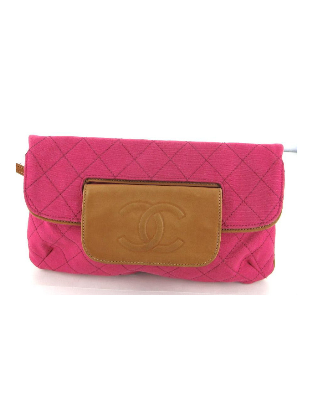 Pochette CHANEL en tissu rose et cuir gold