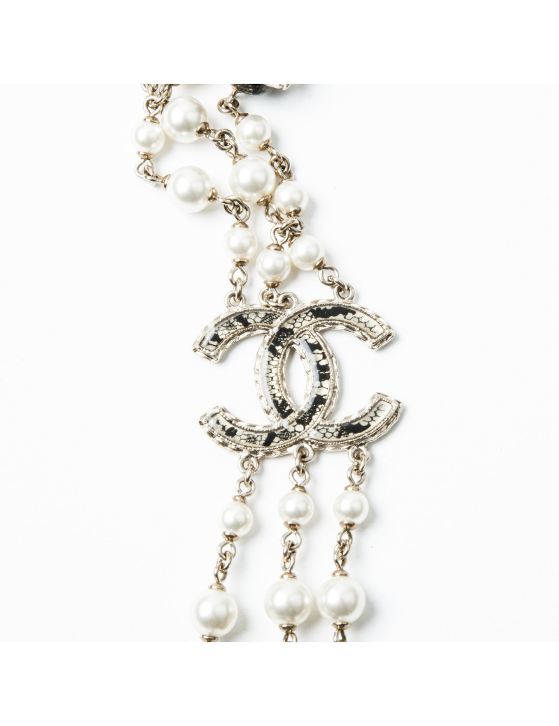 CHANEL Necklace Triple Rows Pearl Beads and Gold and Black Balls