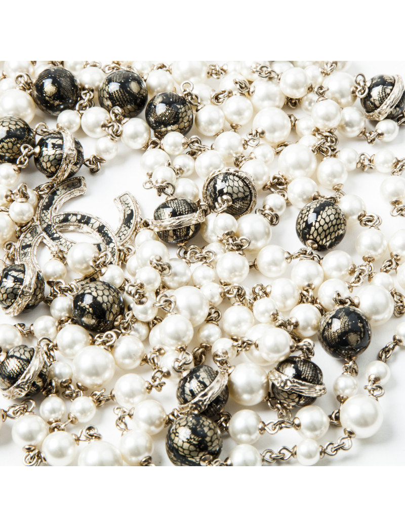 CHANEL Necklace Triple Rows Pearl Beads and Gold and Black Balls