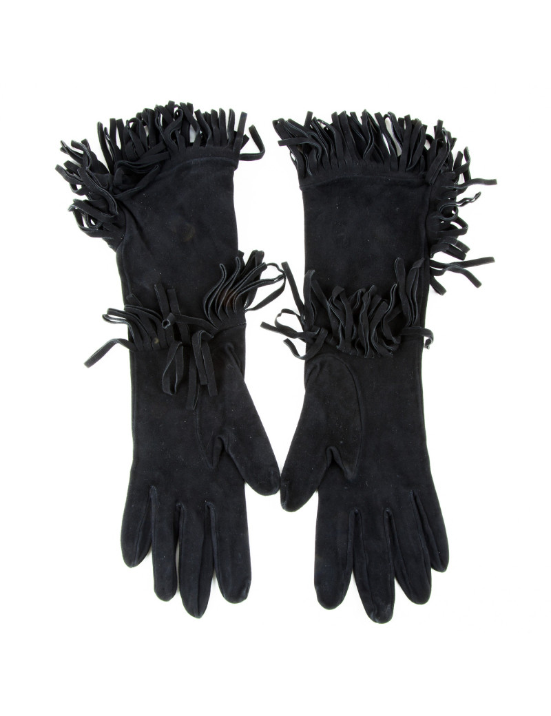 HERMES mid-length fringed gloves in black suede size 7.5EU