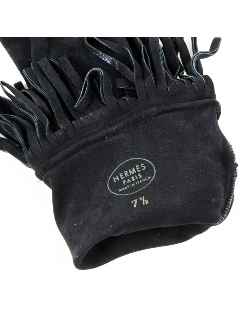 HERMES mid-length fringed gloves in black suede size 7.5EU