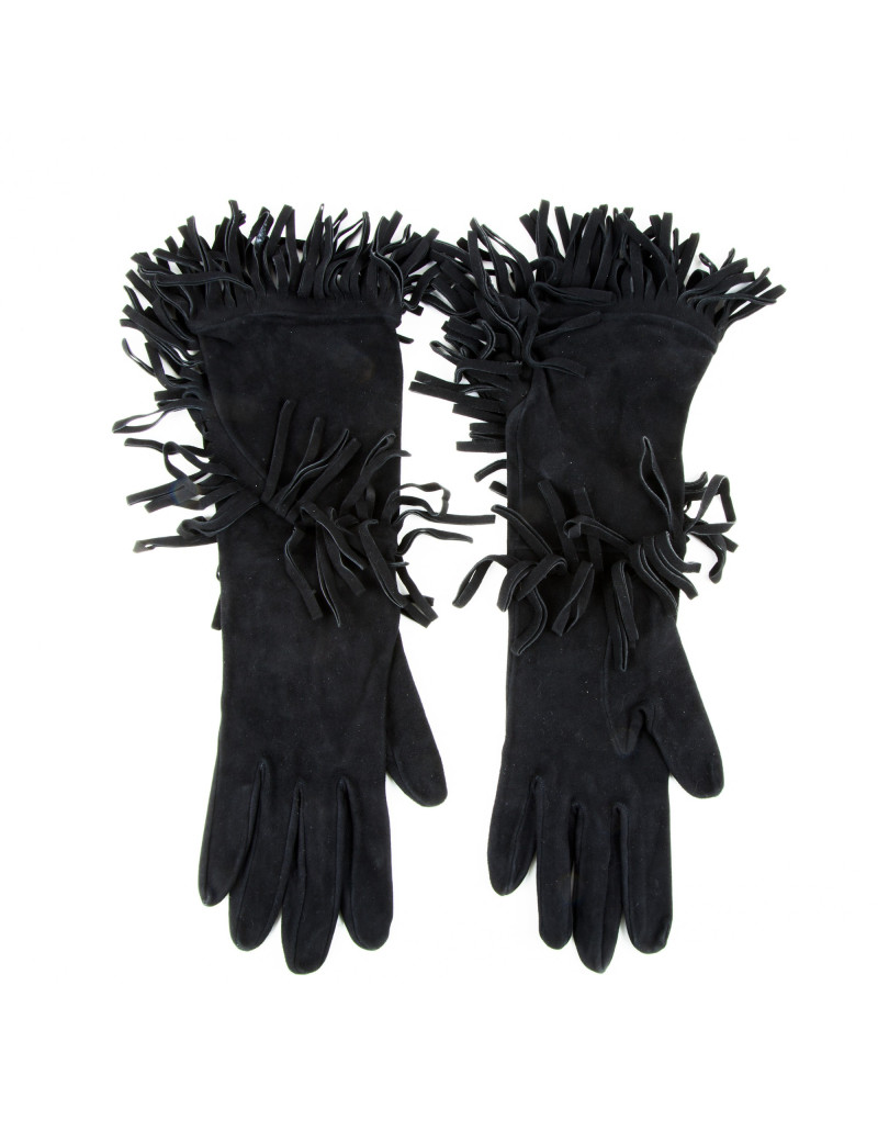 HERMES mid-length fringed gloves in black suede size 7.5EU
