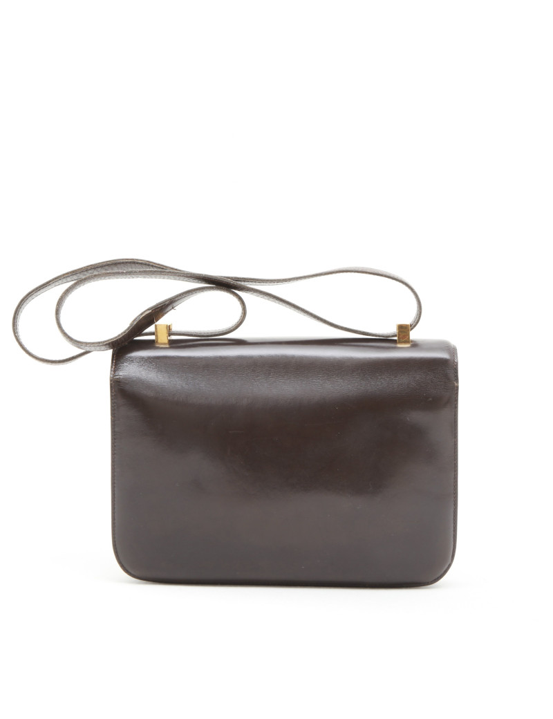 Sac Constance HERMES  double soufflets marron cuir box Vintage