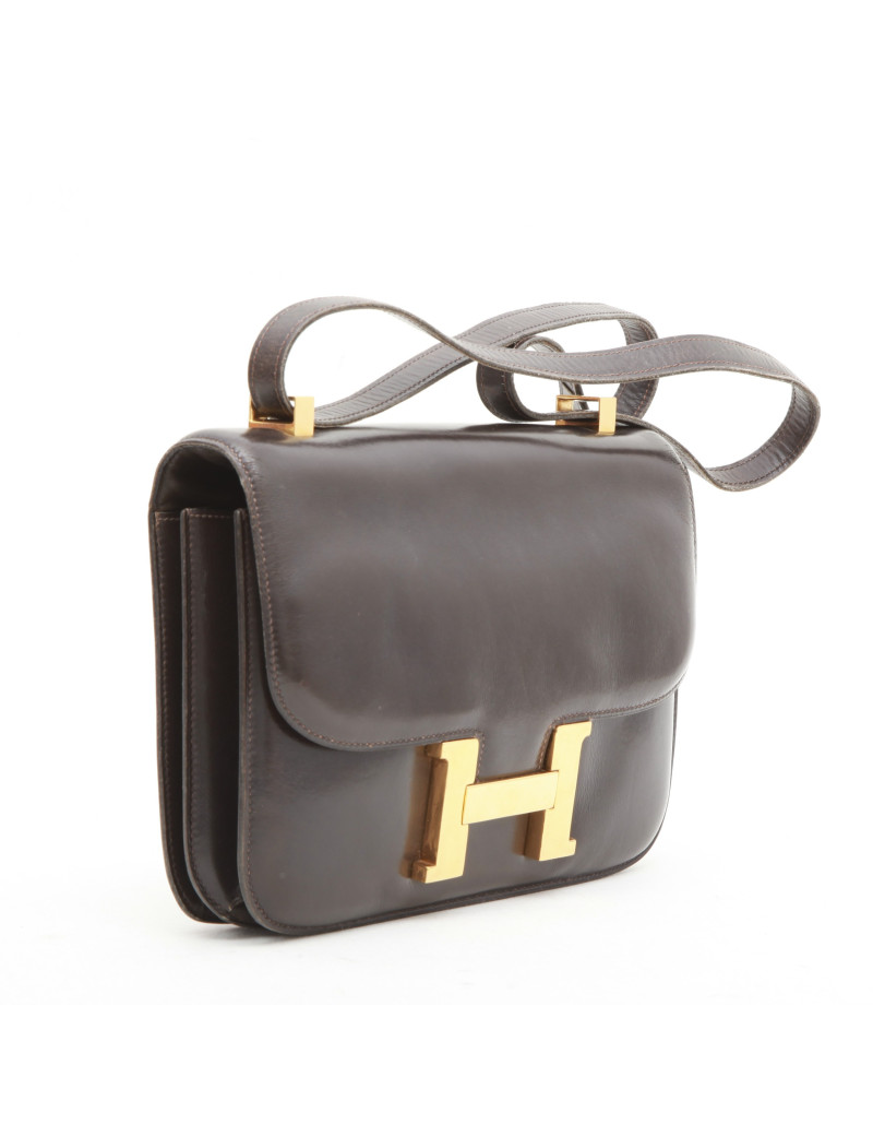 Sac Constance HERMES  double soufflets marron cuir box Vintage